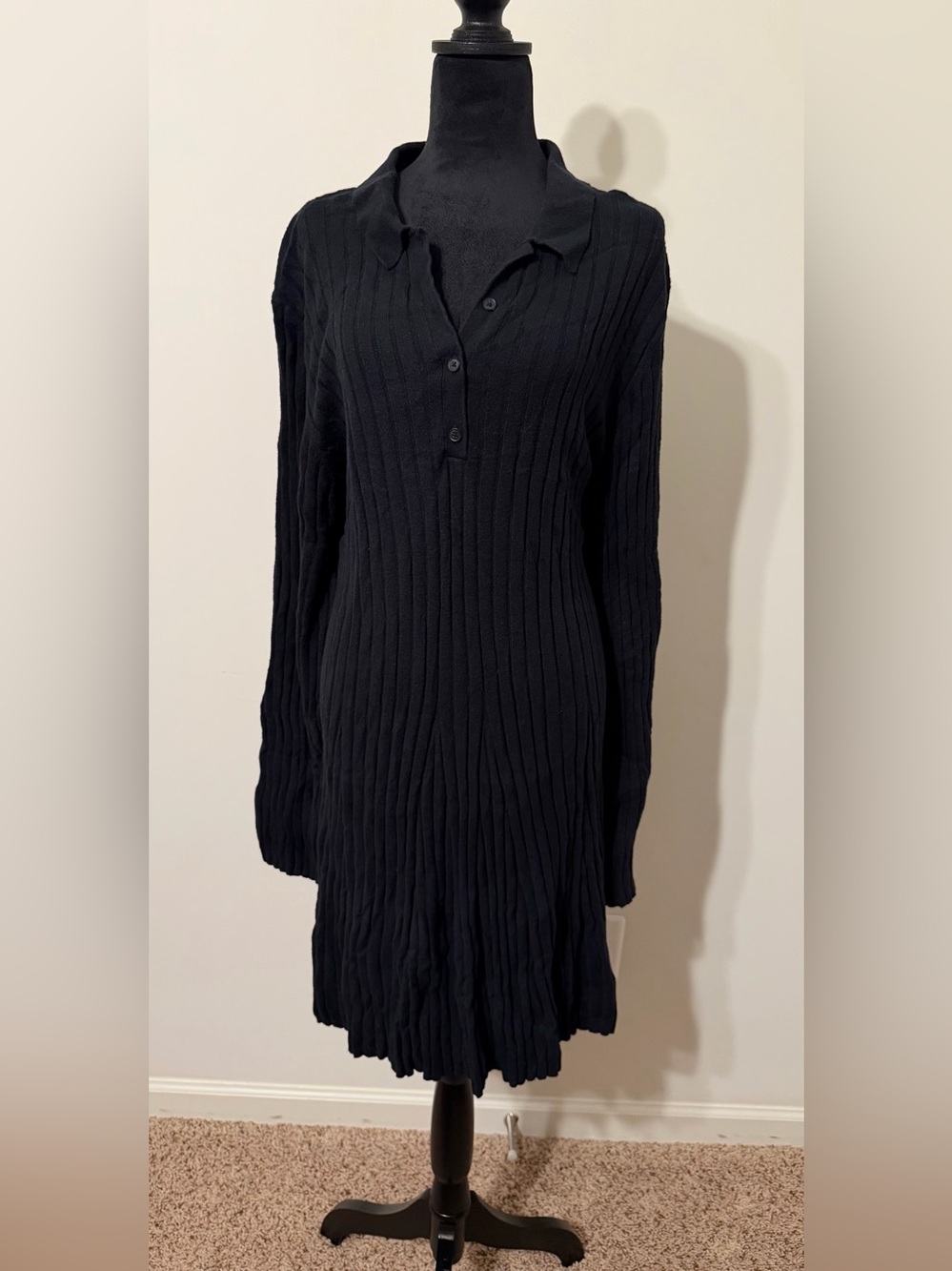 GAP Black Ribbed Long-Sleeve Polo Sweater Dress
